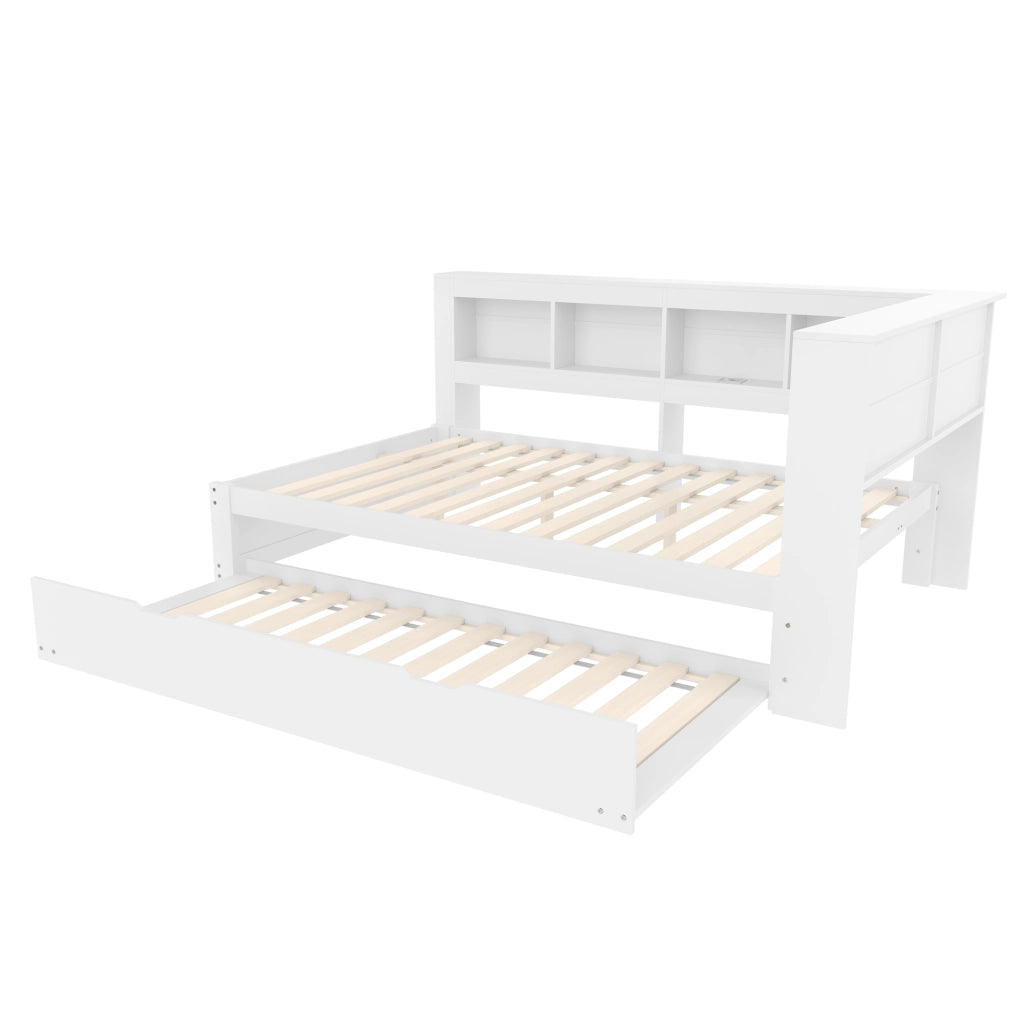 Letto estraibile 140x200 bianco con rete a doghe; cassetti e prese USB