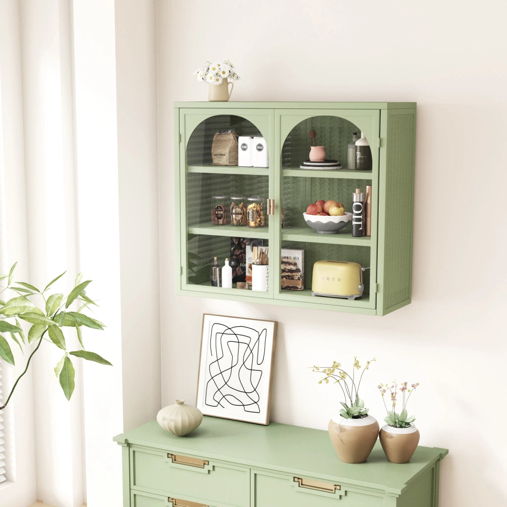 Armadio da Parete con 2 Ante in Vetro e 3 Ripiani; Mensola Rimovibile; Motivo Intrecciato; Stile Moderno; in Metallo; 70 cm; Verde