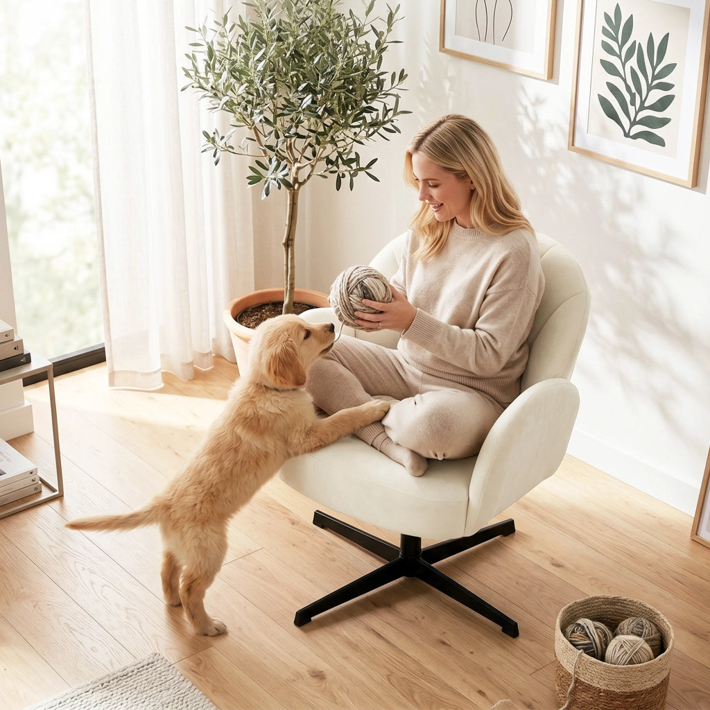 Poltrona girevole in velluto con cuscino a molle beige ¨C zephmum ¨C 90x90x90