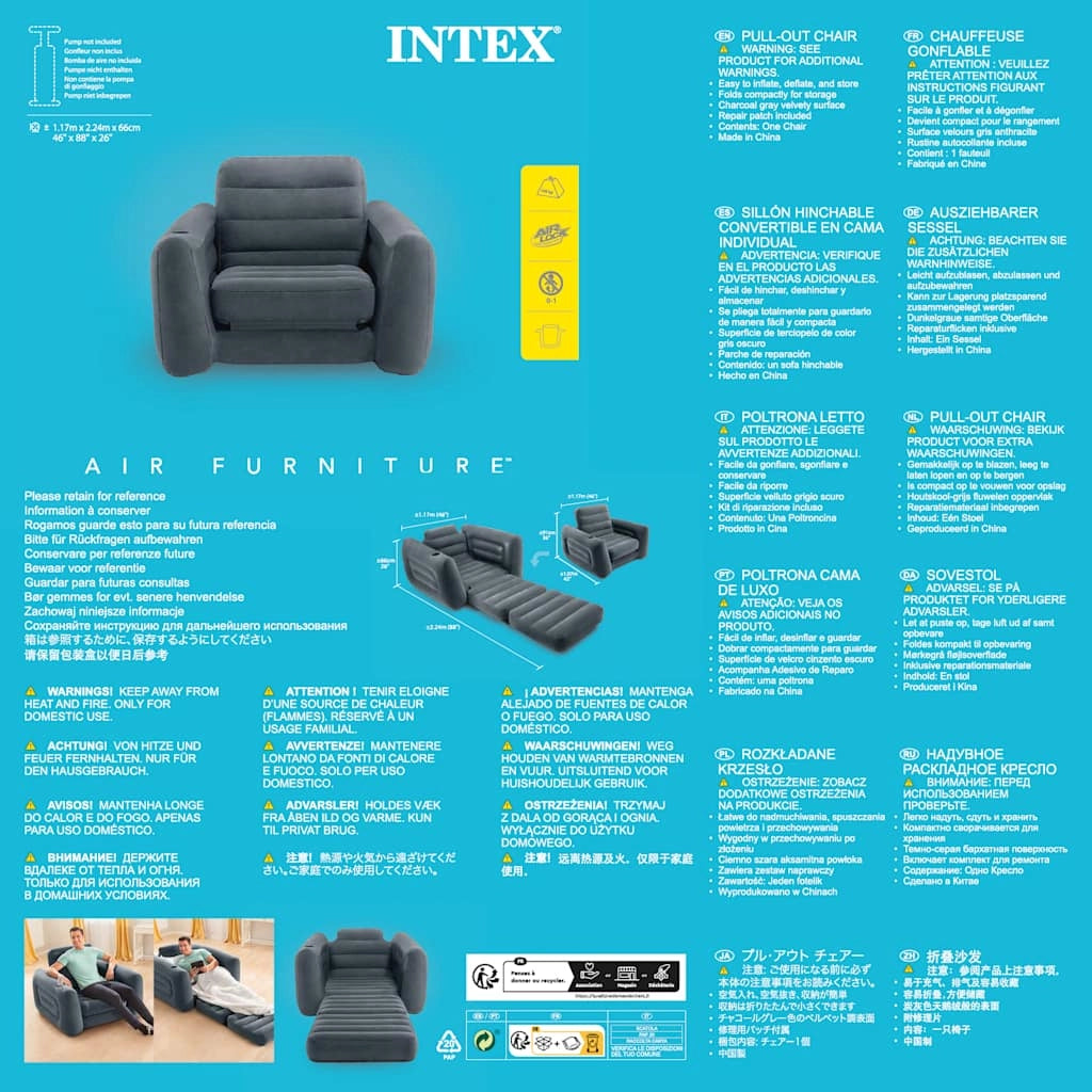 INTEX Poltrona Letto 117x224x66 cm Grigio Scuro 92572