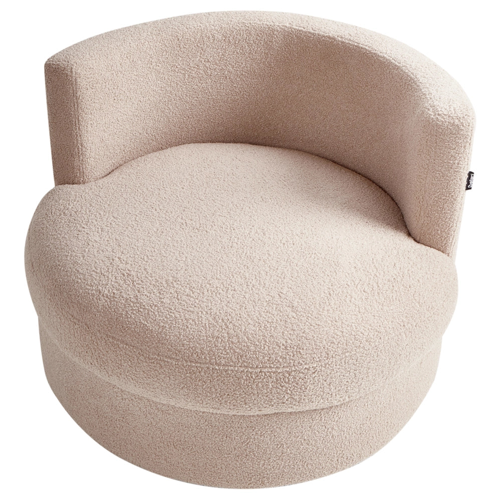 Poltrona Beige in boucle con base girevole in ferro Due cuscini sfoderabili Schienale rotondo Soggiorno moderno in stile glam