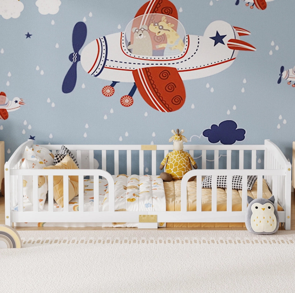 Letto a pavimento per bambini 90x200 cm con sponde di sicurezza bianco