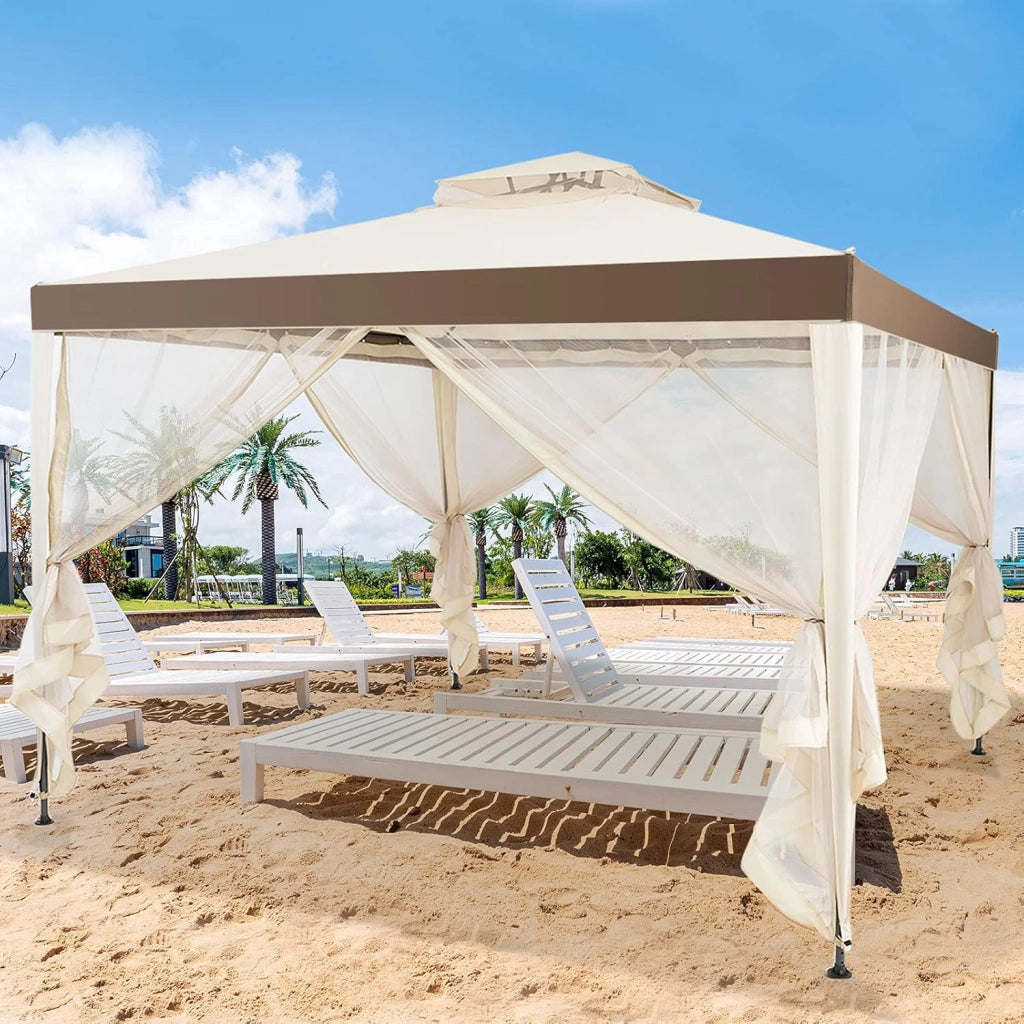 3 x 3M Gazebo da Giardino, con Tetto e Tende di Struttura in Acciaio, 4 Tende Laterali, Ventilazione e Zanzariere, Traspirante e Comodo per Parco/Giardino/Balcone, 2 Colori (beige)