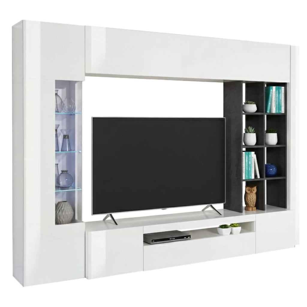 Mobile Soggiorno Andy, Parete Attrezzata 20 Ripiani Made in Italy, 290x40x192h cm Bianco Lucido