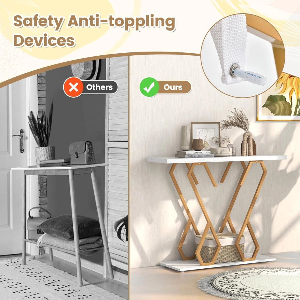 Consolle effetto marmo, tavolo da ingresso tavolo da ingresso struttura in metallo a forma di farfalla, tavolino stretto tavolino da caffè con 2 ripiani, credenza lunga, credenza da tavolo