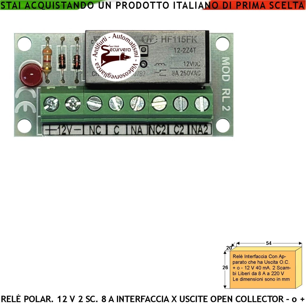 Interfaccia Per Circuiti Con Uscita Open Collector +/- 12 Vdc 40 mA Relè Con Led Avviso 2 Scambi 8 A a 250 V Carico Resistivo Disaccoppiatore Evita Effetto Ratio e Restituisce 2 Uscite Contatto Libero