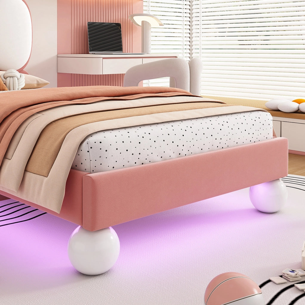 Letto singolo imbottito per bambini 90x200 cm con testiera a fiocco e luce LED