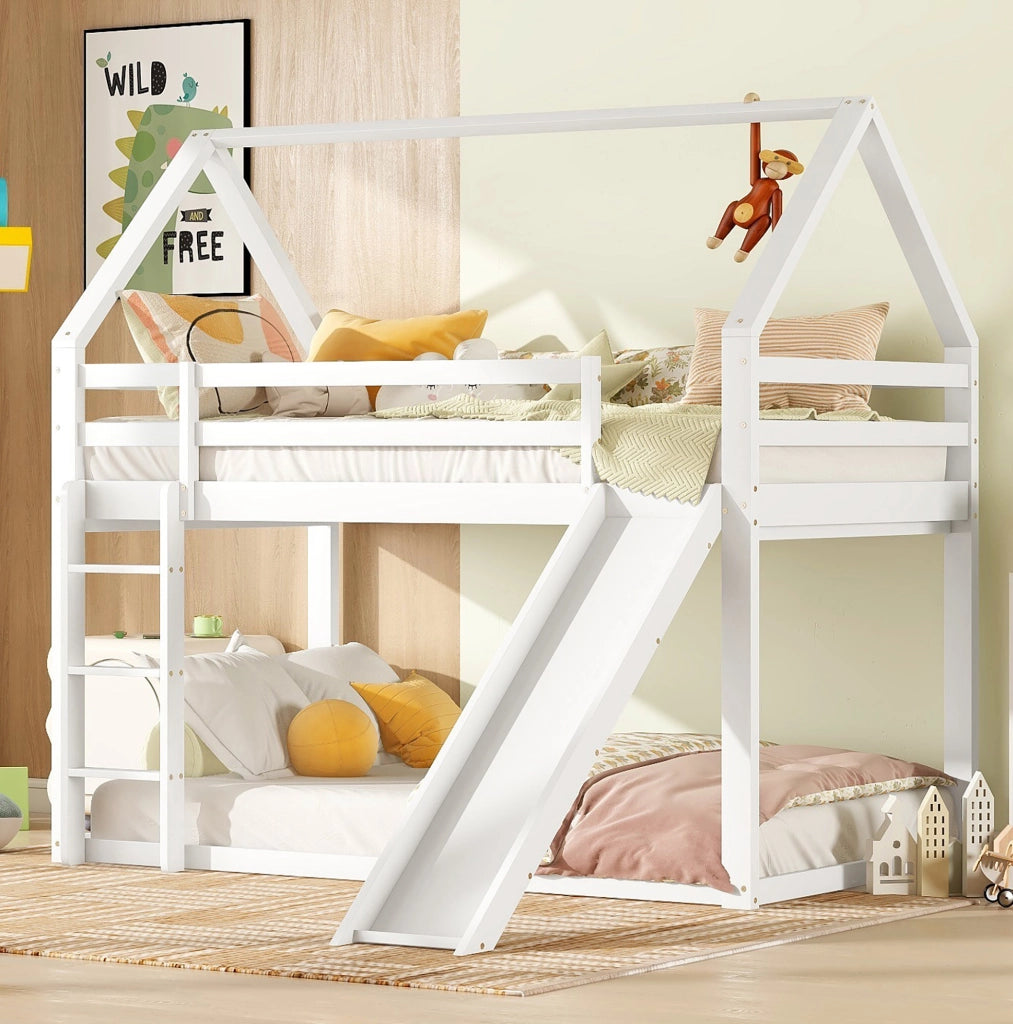 Letto a castello a forma di casa con scivolo e scala, bianco, 90 x 200 cm
