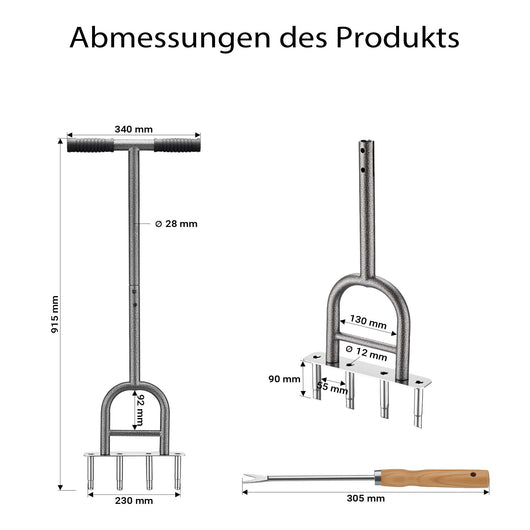 Carotatrice manuale per prato in acciaio, arieggiatore con impugnatura ergonomica a T e 4 fustelle, per carotare e chiodare il terreno, per giardino, prato