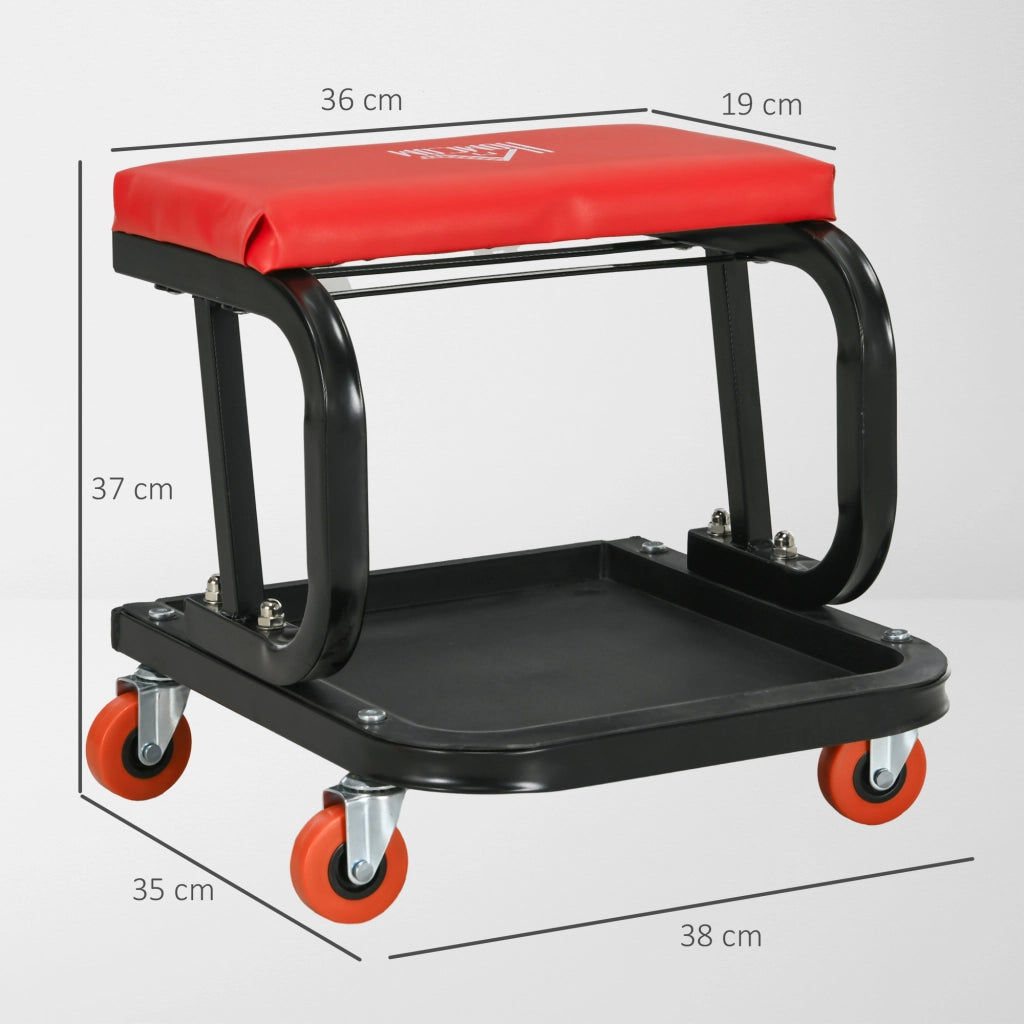 Sgabello da Officina Imbottito con Ruote e Vassoio Porta Attrezzi in Acciaio e PU, 38x35x37cm, Rosso
