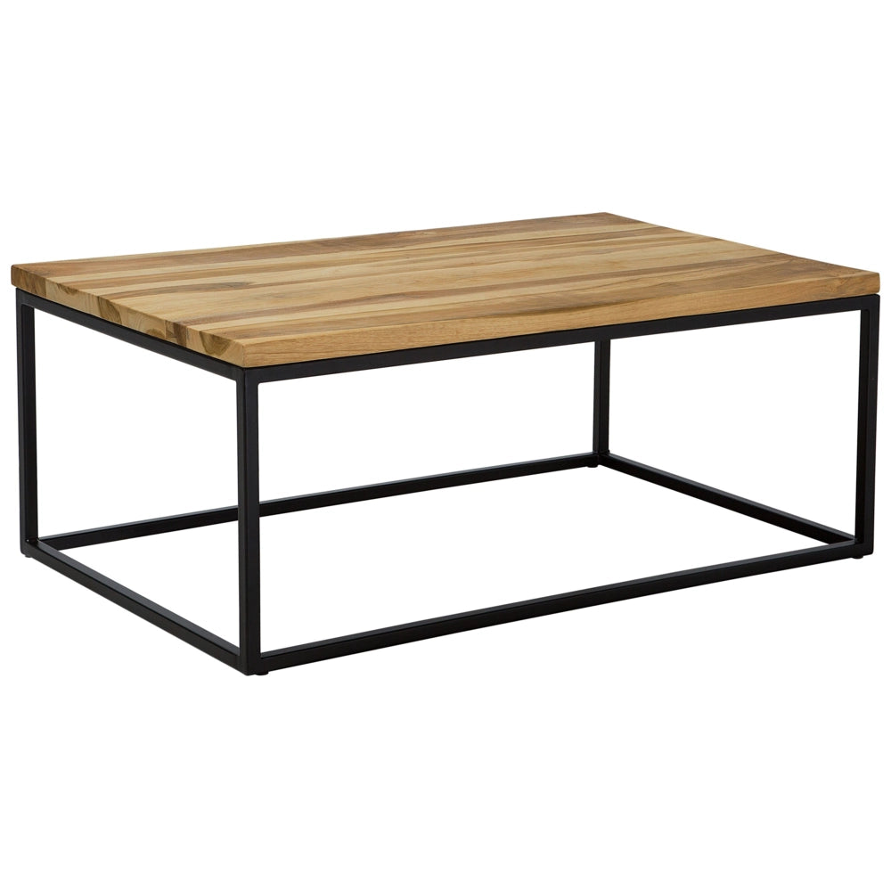 Tavolino da caffè in legno di teak chiaro con piano rettangolare con struttura in metallo Nero