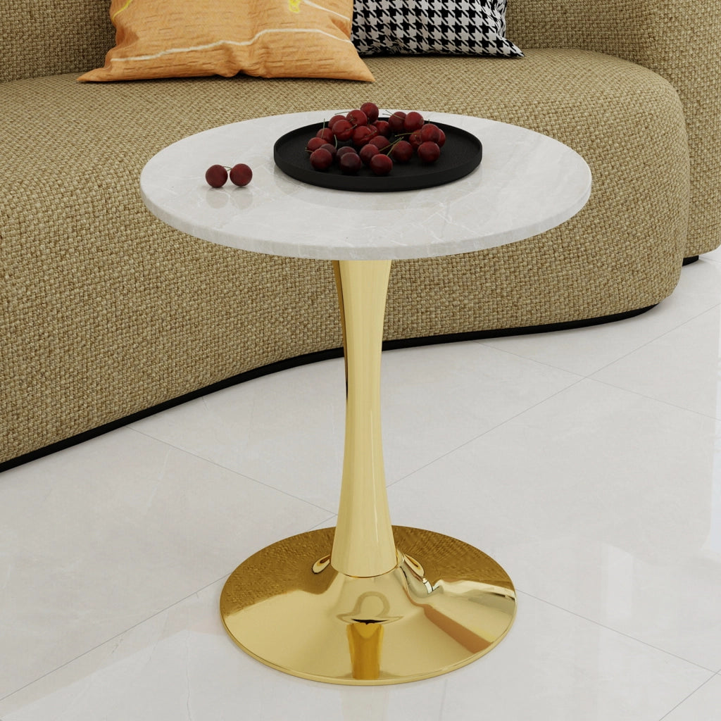 Tavolo da pranzo - rotondo 70 cm - stile mid-century - marmo venato bianco - per 2-4 persone - dorato