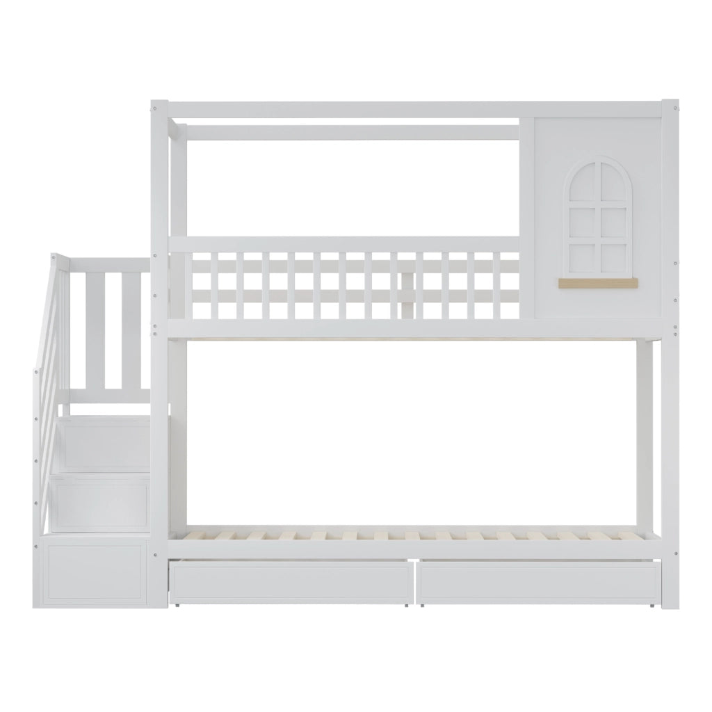 Letto a castello per bambini 90x200 cm con cassetti e scala in legno; bianco