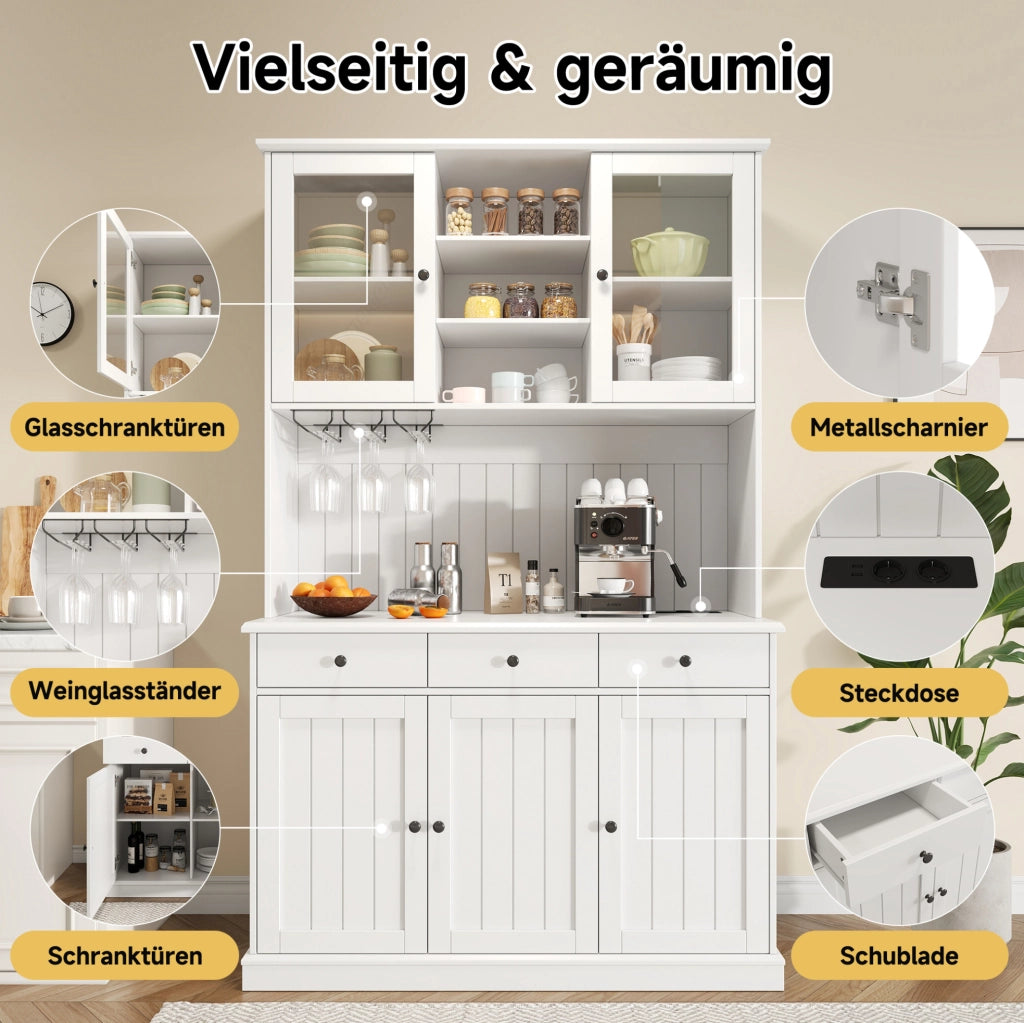 Buffet alto 120x40x191 cm con ante in vetro; porta bicchieri; prese USB e truciolare bianco