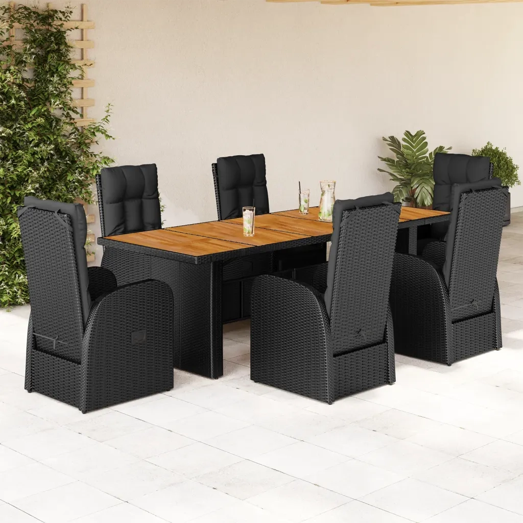 Set da Pranzo da Giardino 7 pz Nero con Cuscini in Polyrattan