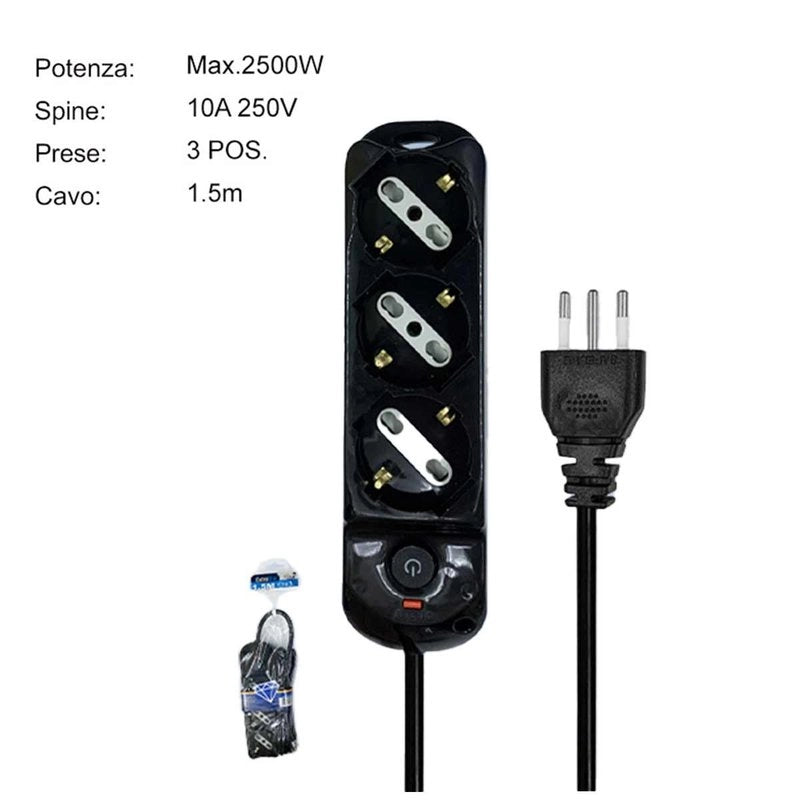 Multipresa Ciabatta Elettrica a 3 Posti 3 Prese Bipasso Schuko 10A/16A con Interruttore e Spina 10A Cavo 1.5 metri Nero