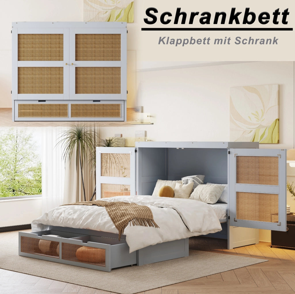Letto a scomparsa 140x200 cm con design effetto rattan; contenitore e cassetti; grigio