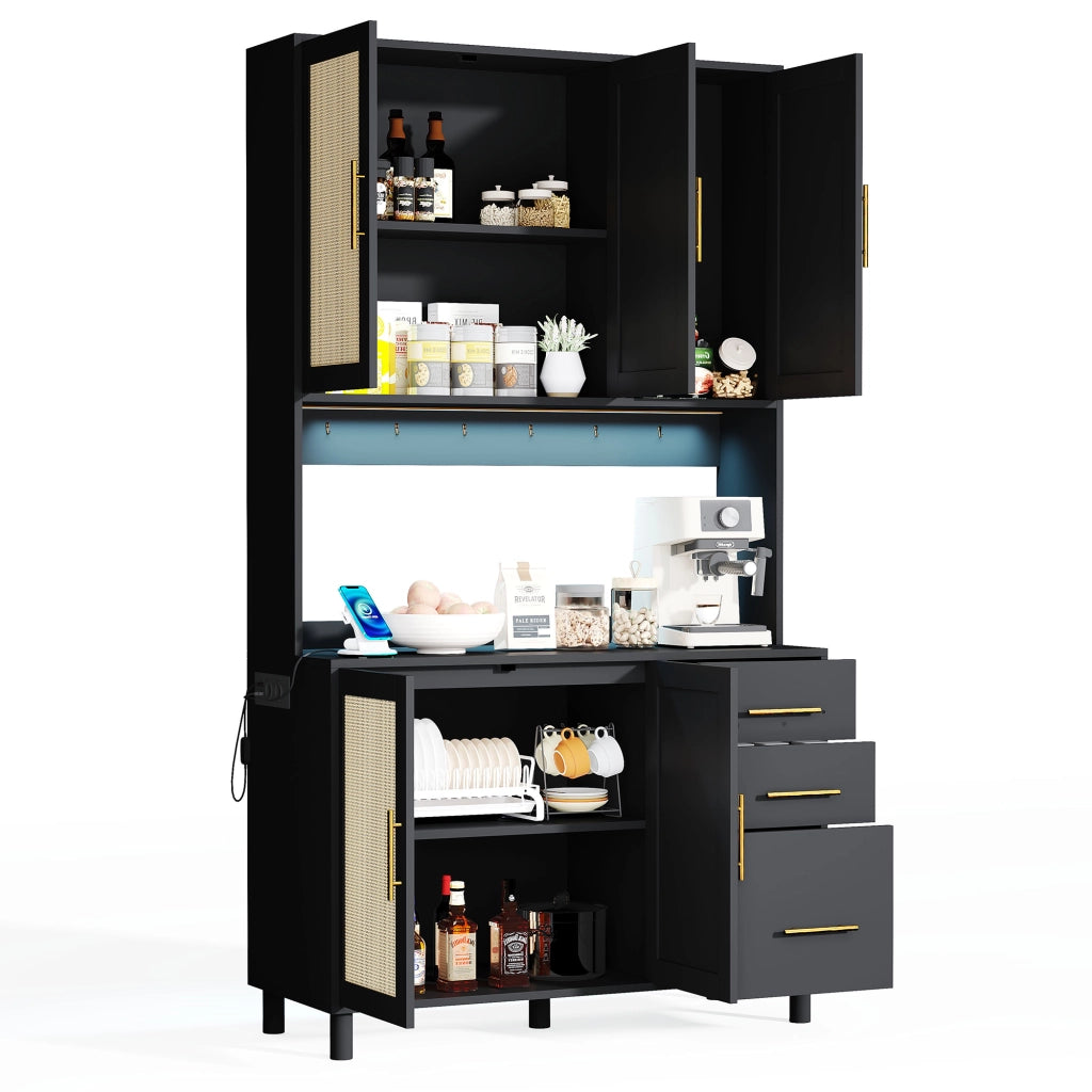 Credenza da Cucina con 3 Cassetti 3 Ante LED; Prese e USB; Ripiani Regolabili; in MDF; Nera