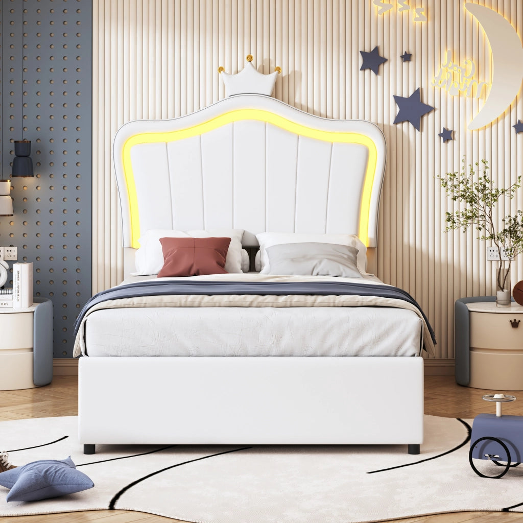 OKWISH Letto Contenitore 90×200 cm, Letto Singolo con LED Regolabile, Contenitore Idraulico e Testiera Regolabile, senza Materasso, Bianco