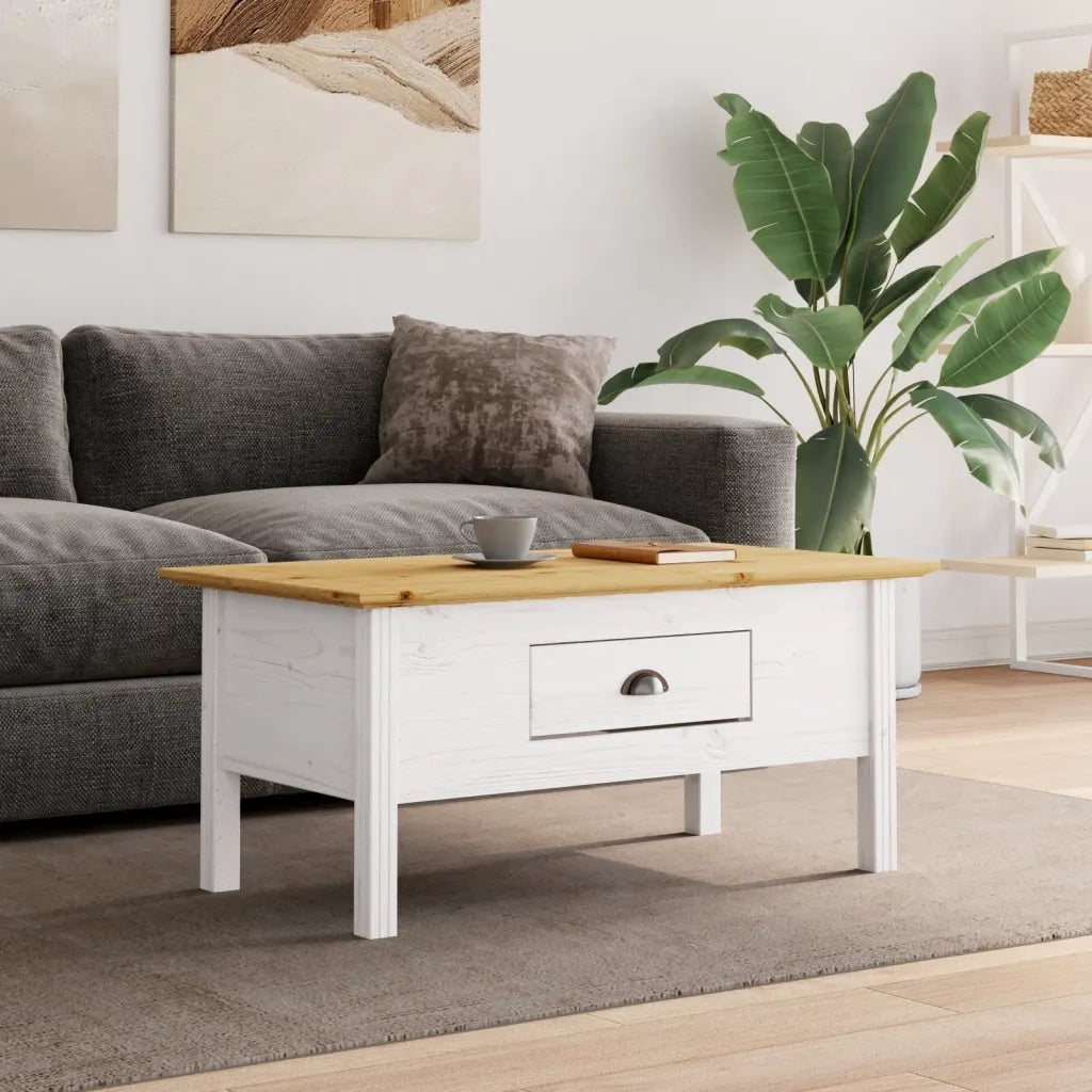 Tavolino BODO 100x55x46 cm Legno Massello Pino Bianco e Marrone 355069