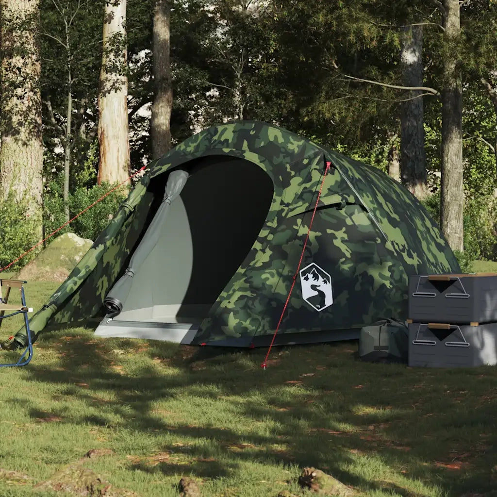 Tenda da Campeggio a Tunnel per 3 Persone-Tenda per Escursionismo Mimetico Impermeabile