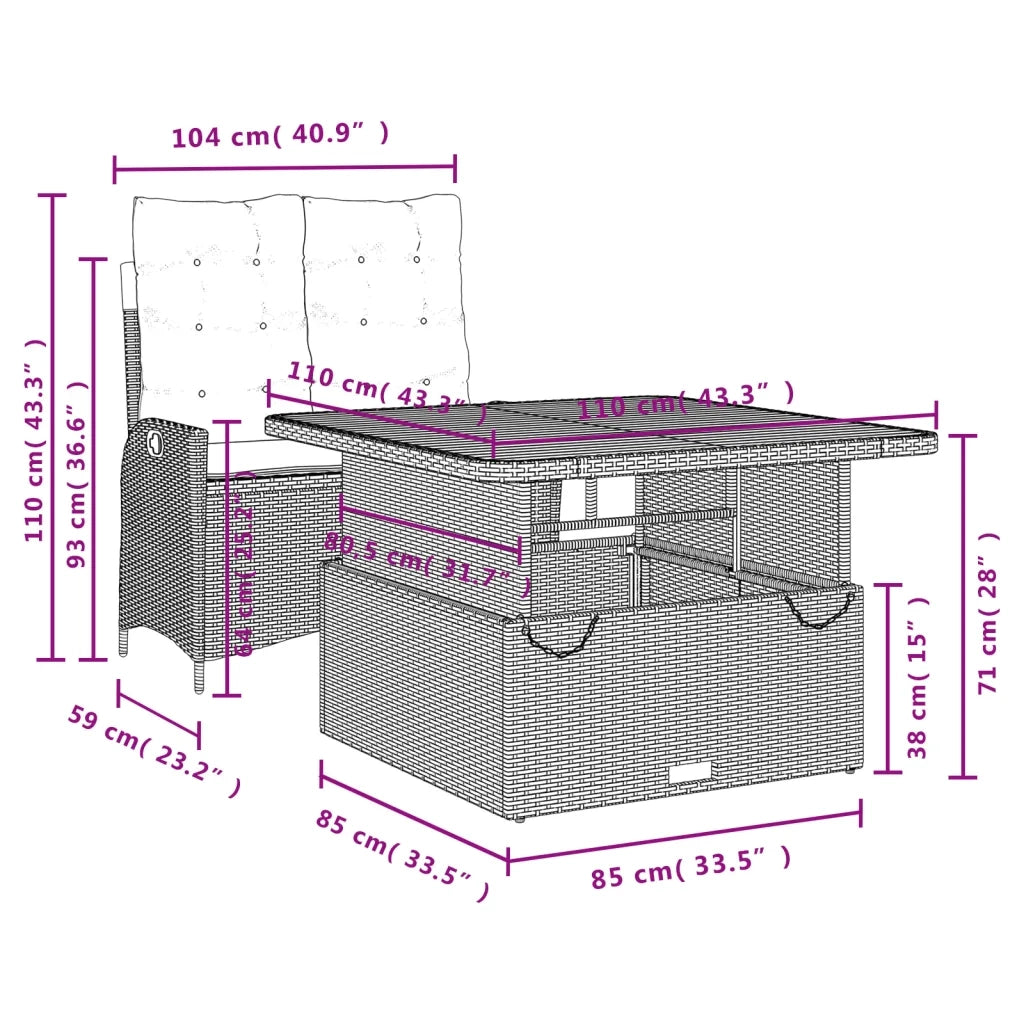 Set da Pranzo da Giardino 2 pz con Cuscini Nero in Polyrattan 3277439