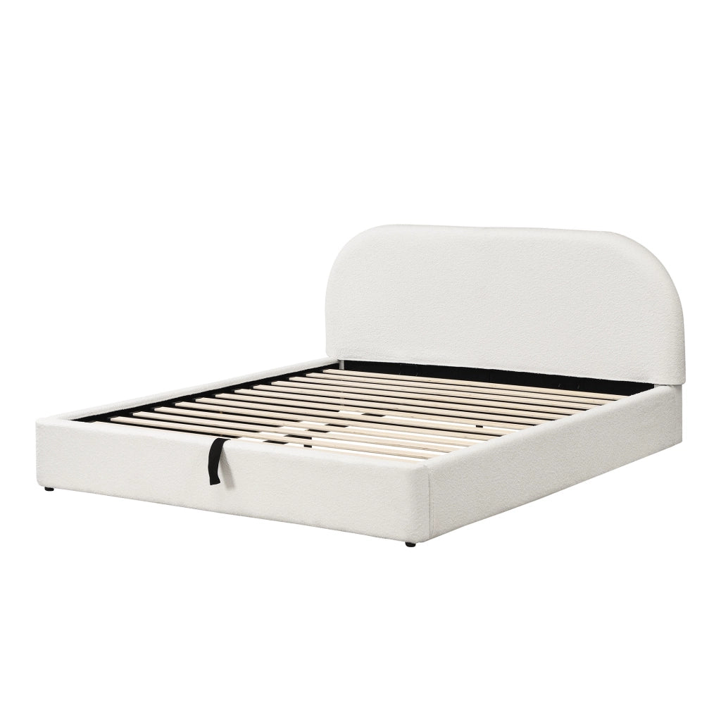 Letto imbottito con contenitore idraulico e rete a doghe; bouclé beige