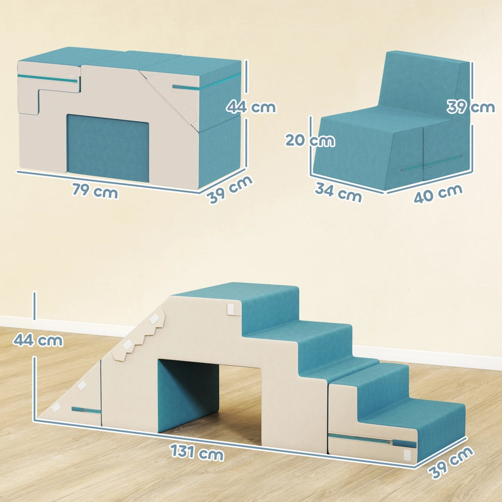 Set 2 Pezzi Blocchi da Gioco Morbidi per Bambini in Ecopelle e Gommapiuma Modulari Beige e Blu Multifunzionale per Casa