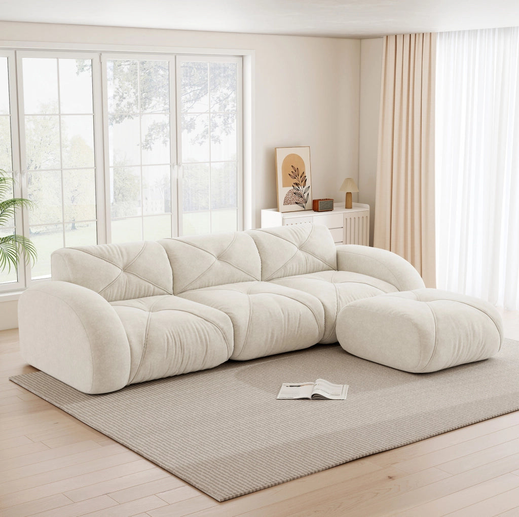 Divano modulare ad angolo in chenille; imbottitura in schiuma 32D; beige chiaro