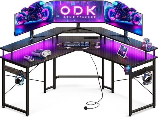 Bureau da gioco -129 x 129 cm con pannello LED - tavolo da gaming con 2 prese e 2 porte USB - scrivania per computer con piano monitor regale - cofanetto in fibra di carbonio