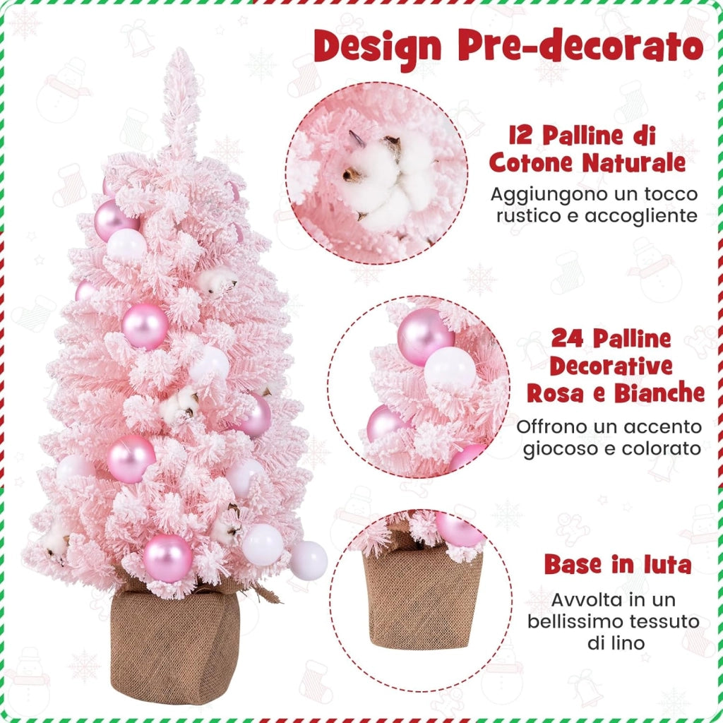 Albero di Natale Artificiale Mini 90 cm, Albero di Natale Innevato da Tavolo con 12 Palline di Cotone Naturale, 24 Palline Decorative e Rami Imbiancati, Decorazione per Feste (Rosa)