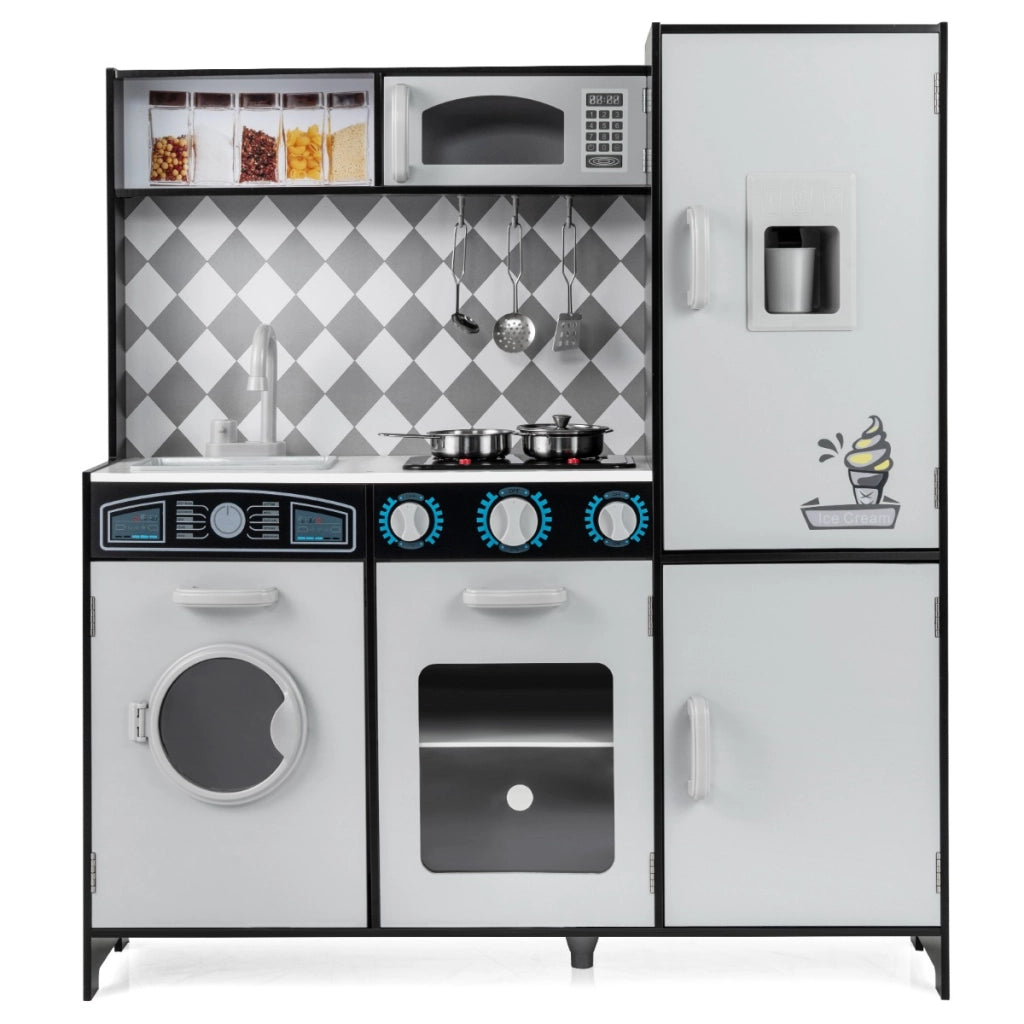 Cucina giocattolo in legno integra macchina del ghiaccio e piano cottura, Cucina giocattolo integra forno e microonde Grigio-Cucine giocattoli