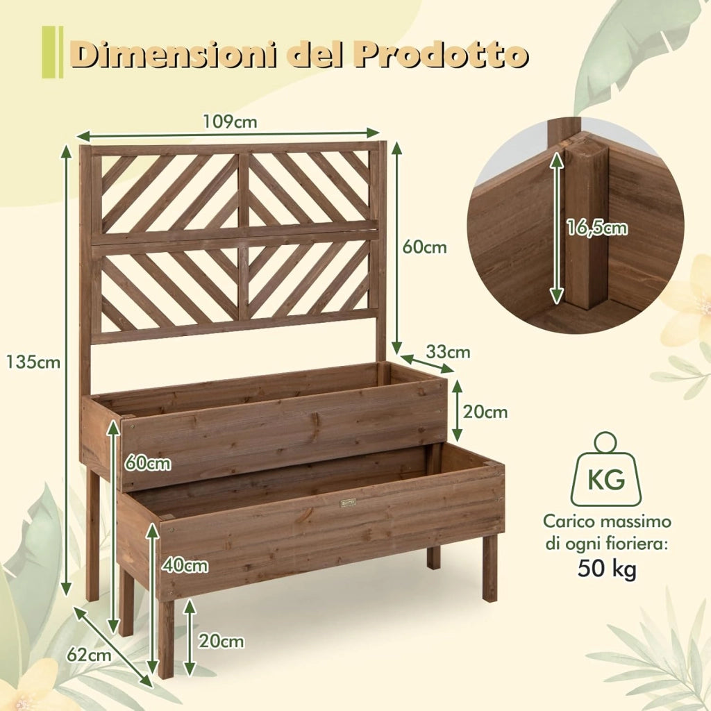 Fioriera da Giardino a 2 Livelli con Traliccio, Letto Rialzatto con Gambe in Legno, Foro di Drenaggio, Fioriera da Interno ed Esterno per Frutta, Verdura, Fiori ed Erbe Rampicanti (Marrone)