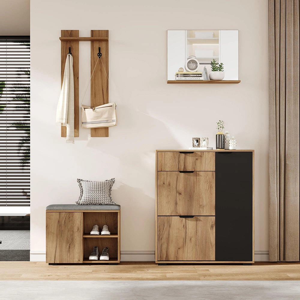 Set vestiario per corridoio - Xylo - con panchina, armadio, specchio, 2 ganci, 4 ante, 140x35x139 cm