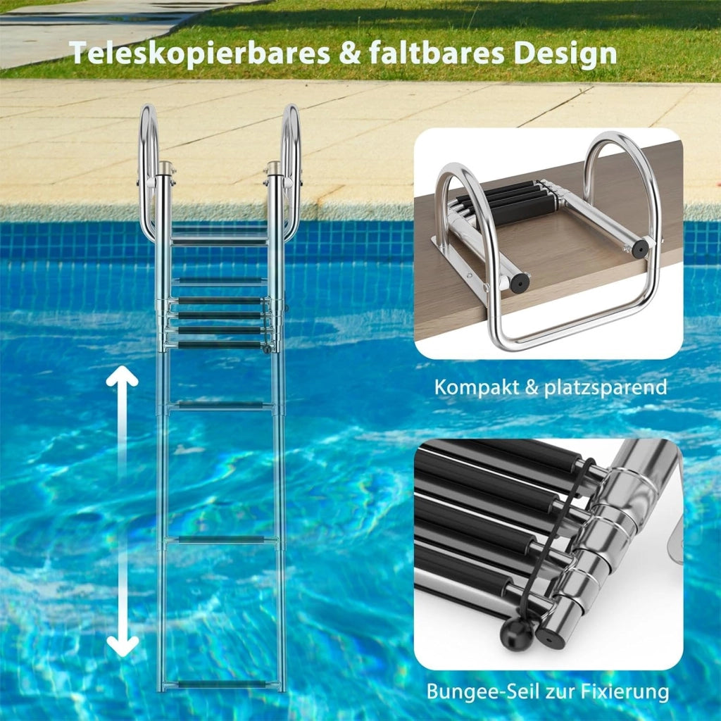 Scaletta da piscina pieghevole, 4 gradini, in acciaio inox, telescopica, con corrimano e gradini antiscivolo, scala in acciaio inox fino a 227 kg, portata posteriore
