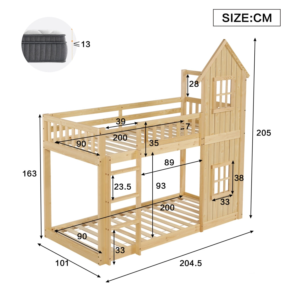 Letto a castello a casetta 90x200 cm con 2 finestre; scala a 3 gradini e parapetto integrale; pino e MDF; naturale