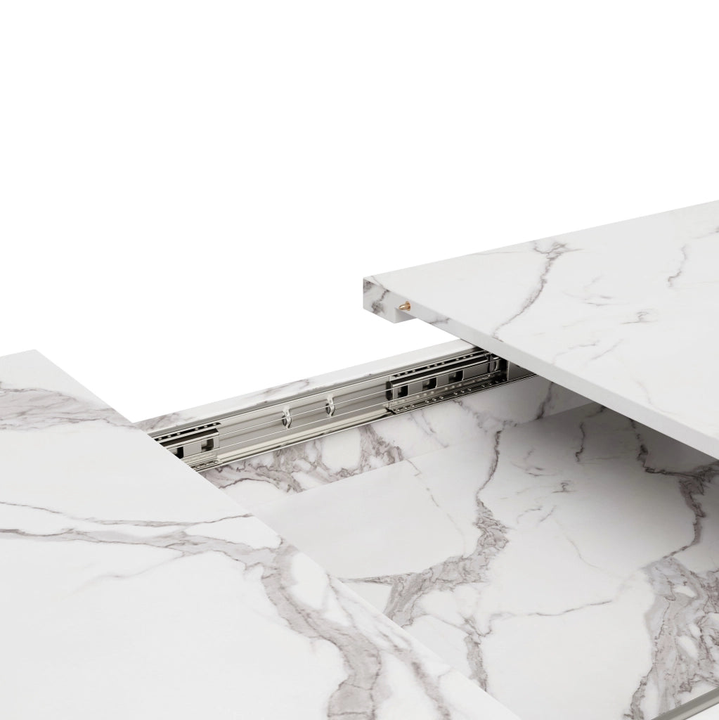 Tavolo da pranzo allungabile 120-160x80x76.5 cm; MDF effetto marmo; gambe in metallo nere