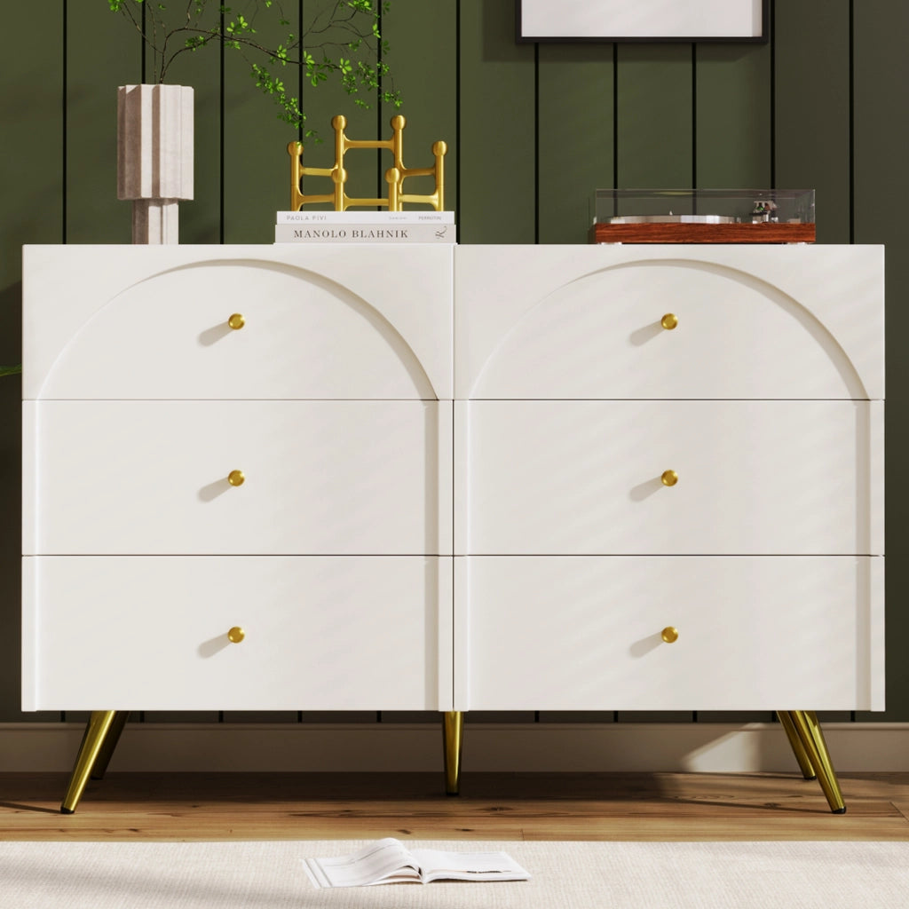 Комò con 6 cassetti colore crema-bianco, H85xL120xP40 cm, struttura in legno e metallo