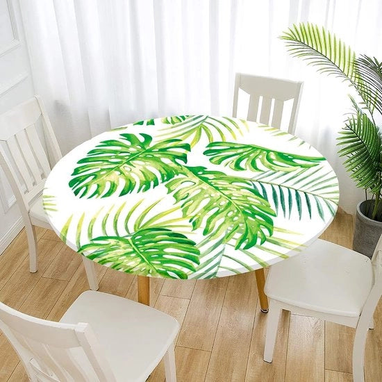 Tappeto di tavolo circolare impermeabile creativo stampato 3D in tavola di protezione elastica con bordo di tappeto di tavolo in poliestere per cucina, sala da pranzo, giardino o campeggio (Monstera, 120 cm)
