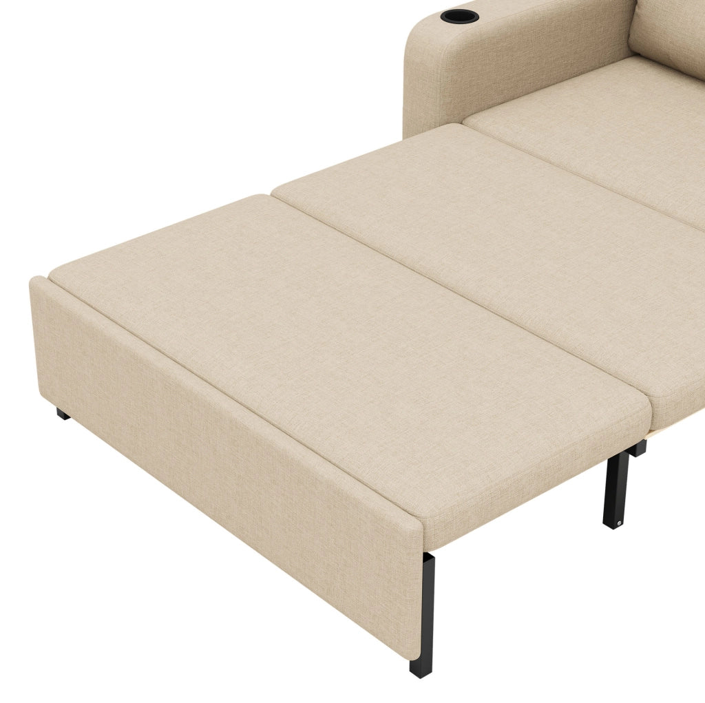 Divano Letto 3-in-1 Beige con Porta Bicchieri, Tasche Laterali, Cuscini e Porta USB, 2 Posti