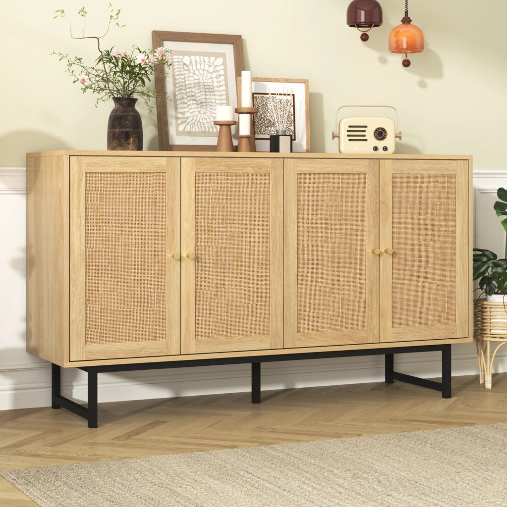 Credenza 140x39;5x80 cm con 4 ante in rattan naturale; colore legno
