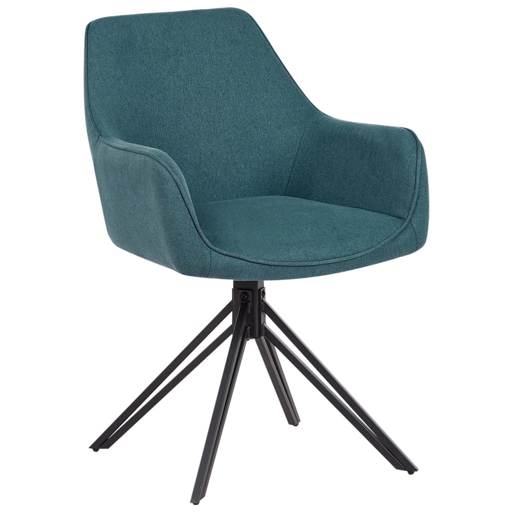 Set di 2 sedie da pranzo girevoli in tessuto blu foglia di tè con braccioli e schienale in metallo nero con gambe in stile retrò