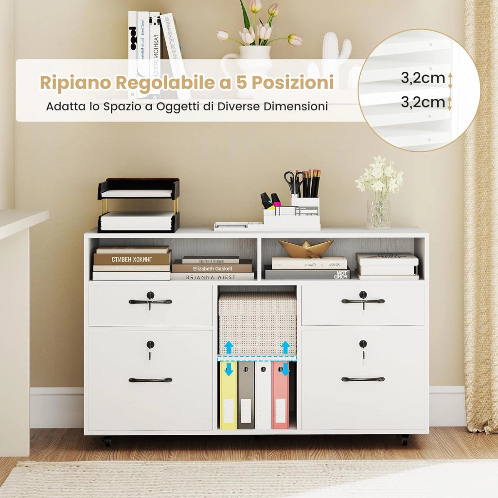 Armadietto Portadocumenti, Mobile da Ufficio Laterale con 4 Cassetti Adatto per File Formato A4/Lettera e 5 Ruote Universali Bloccabili, Credenza in Metallo per Scrivania (Bianco)