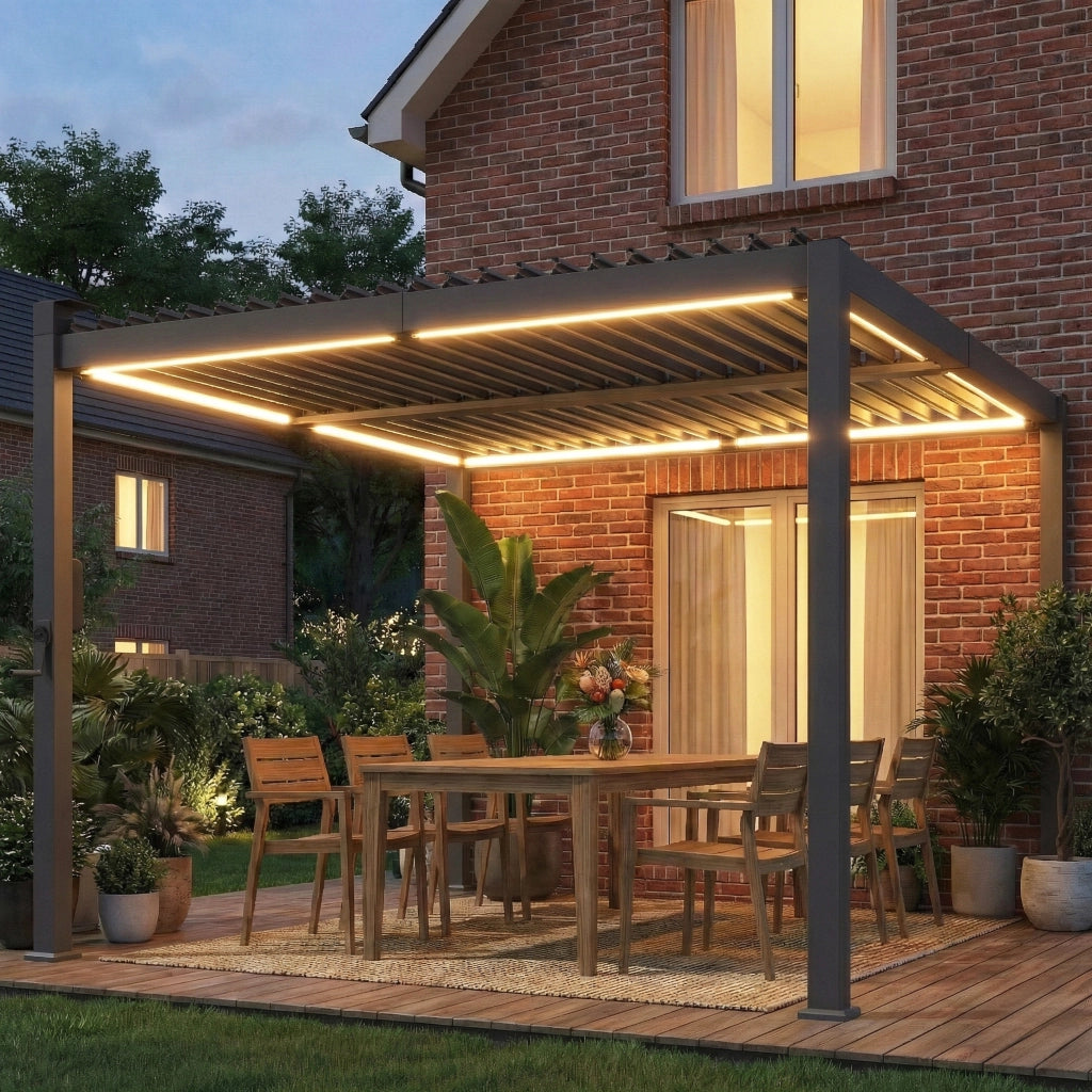 Pergola bioclimatica 3x3m con luci LED solari e grondaie ¨C zephmum ¨C nero