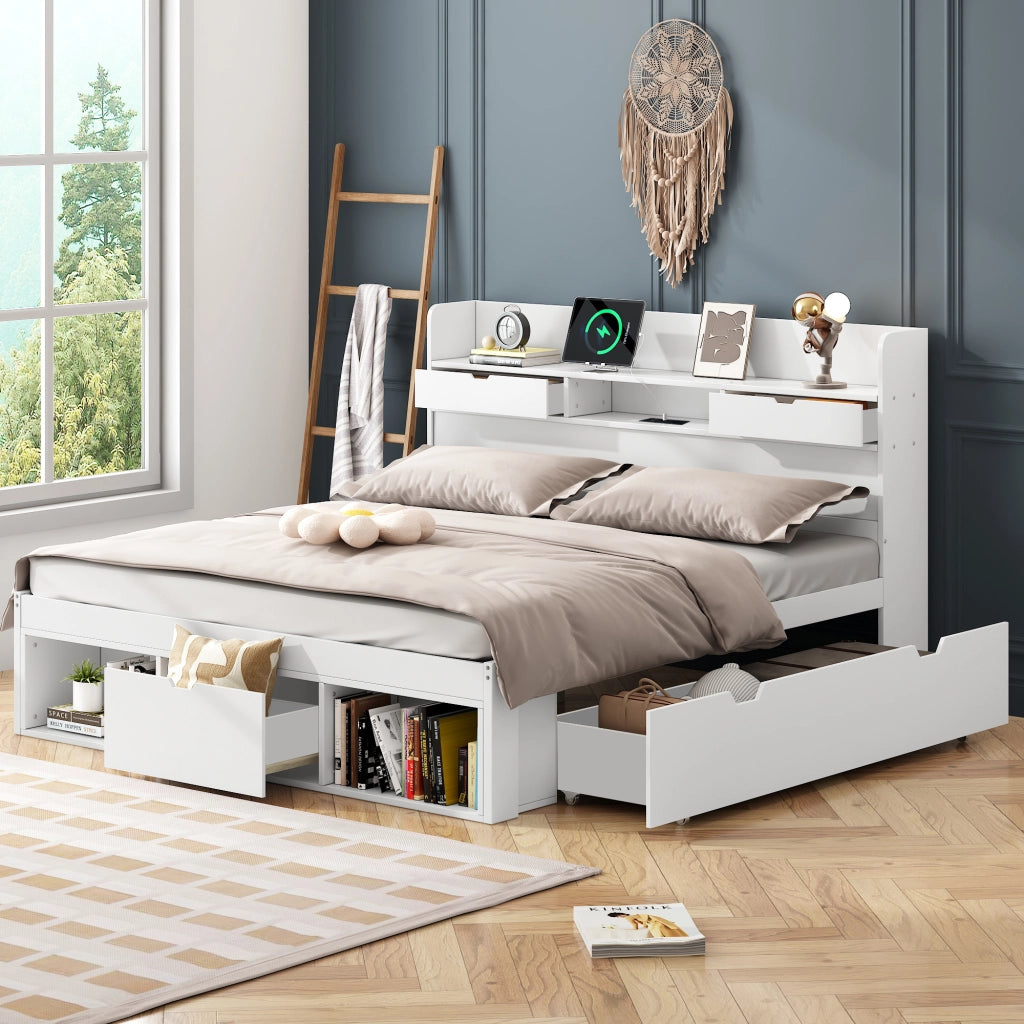 Letto matrimoniale bianco in pino con USB e cassetti 140x200 cm