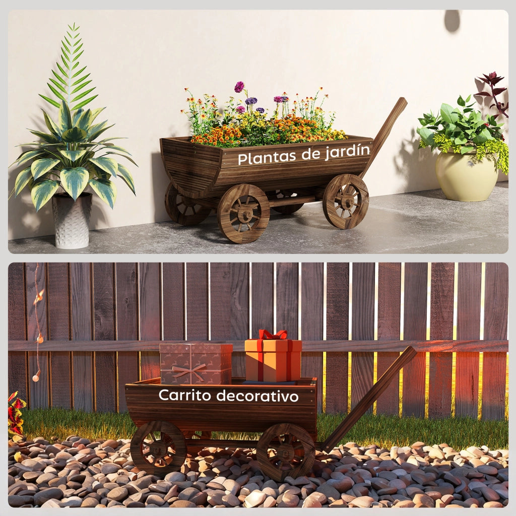 Carrello Giardino Legno con 4 Ruote e Manico ¨C zephmum ¨C 115x40x54,5 cm Carbonizzato