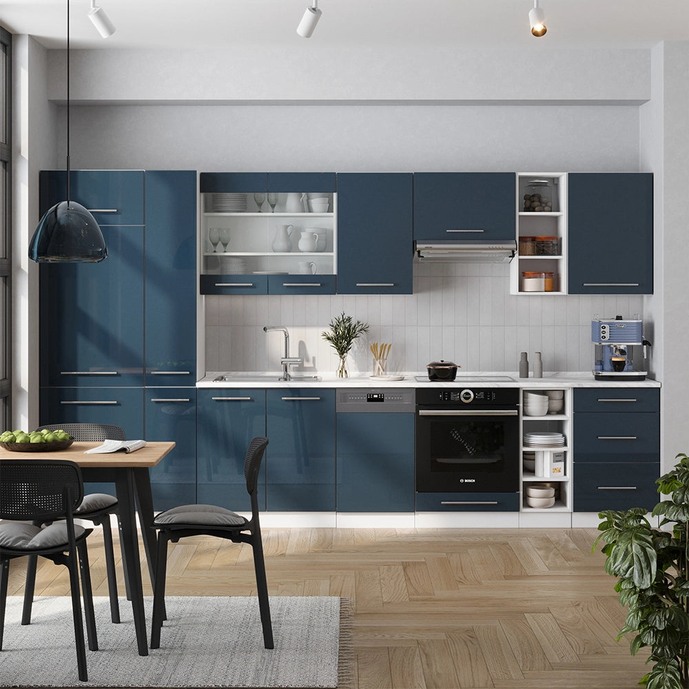 Cucina componibile Fame-Line Blu scuro lucido/Bianco 355 cm, PL Rovere Vicco