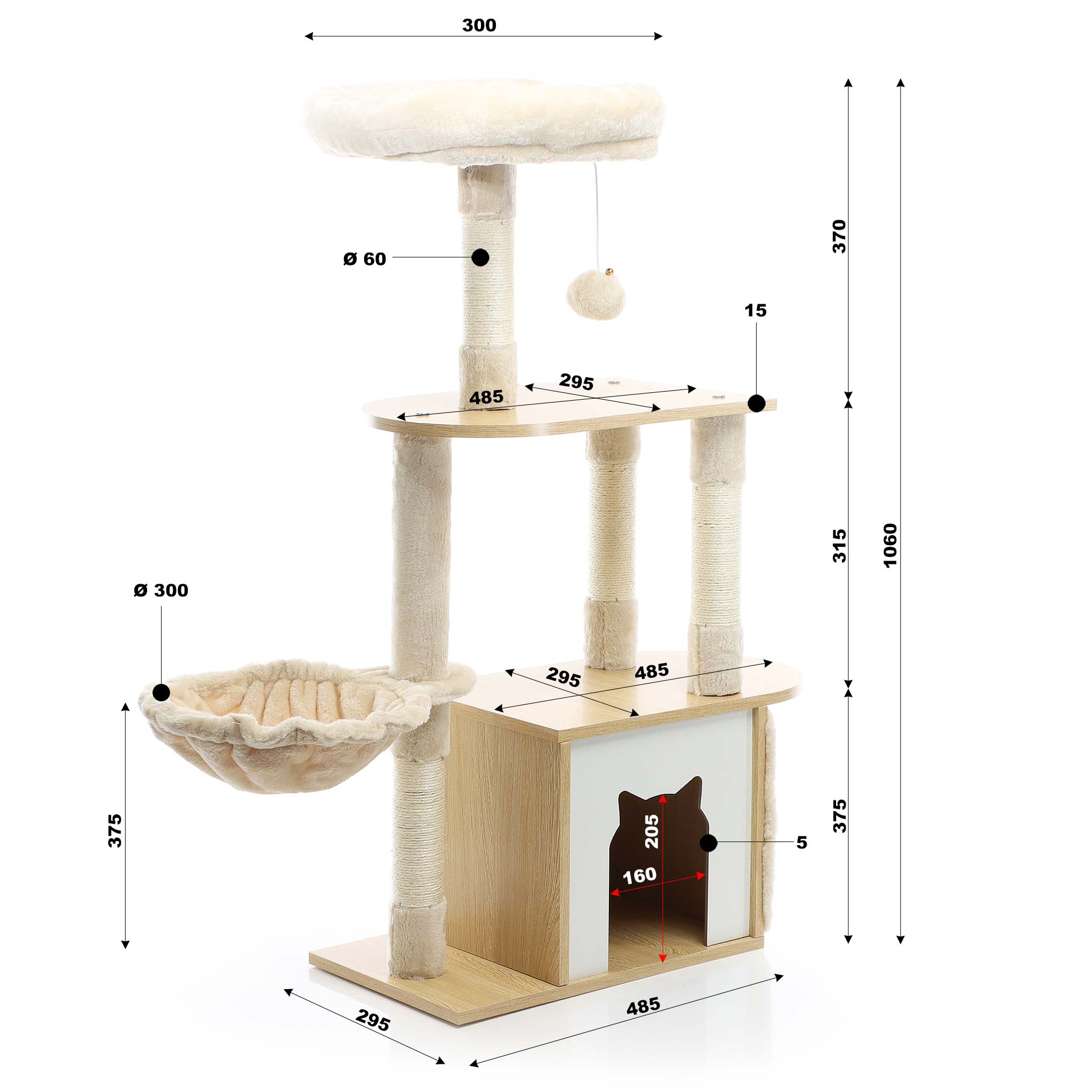 Fudajo Albero tiragraffi Legno beige 106cm Con casetta per gatti, colonne in sisal e cucce