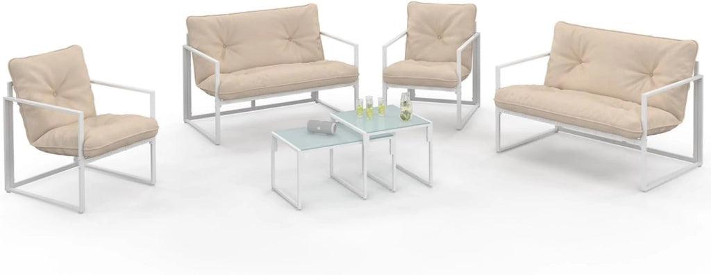 Nairobi Set di mobili da Giardino Bassi a 6 posti in Acciaio Bianco con Cuscini Beige
