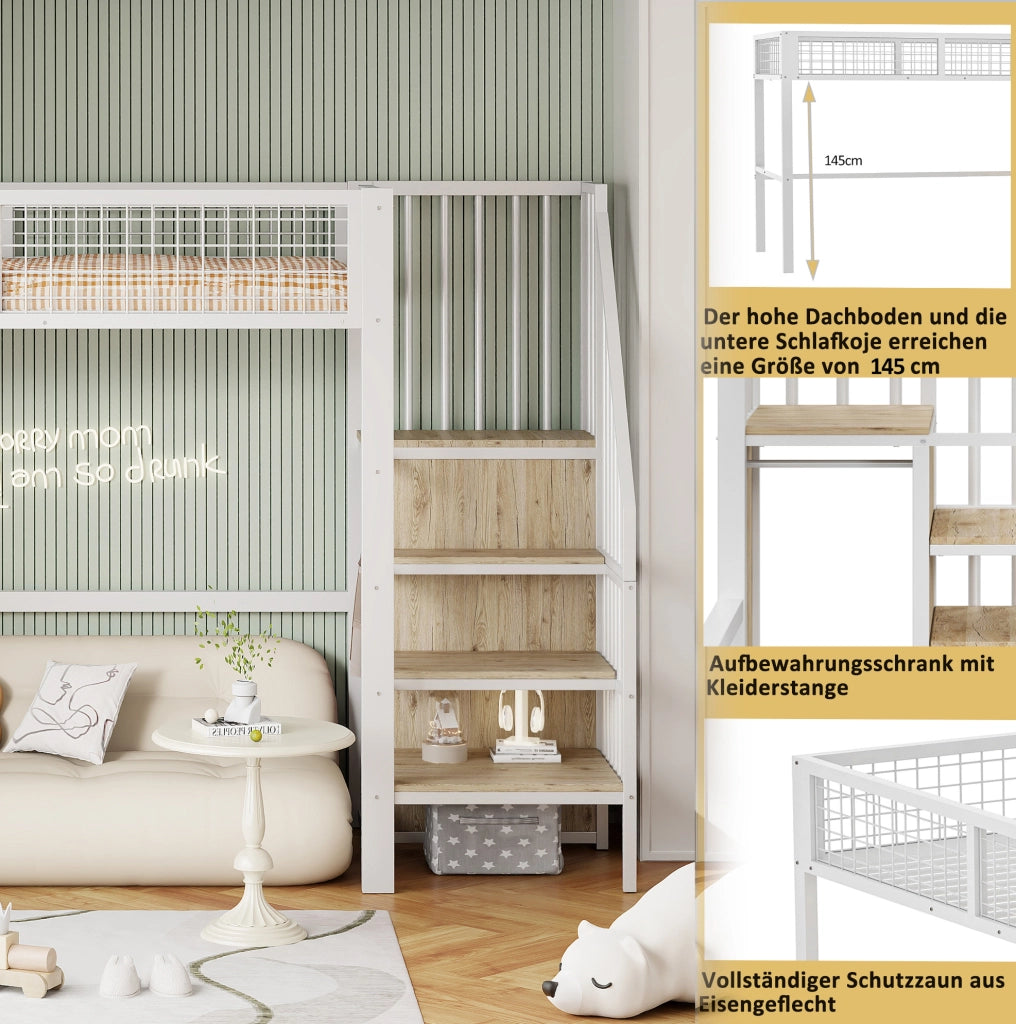 Letto alto per bambini 90x200 cm in metallo bianco con scala e armadio
